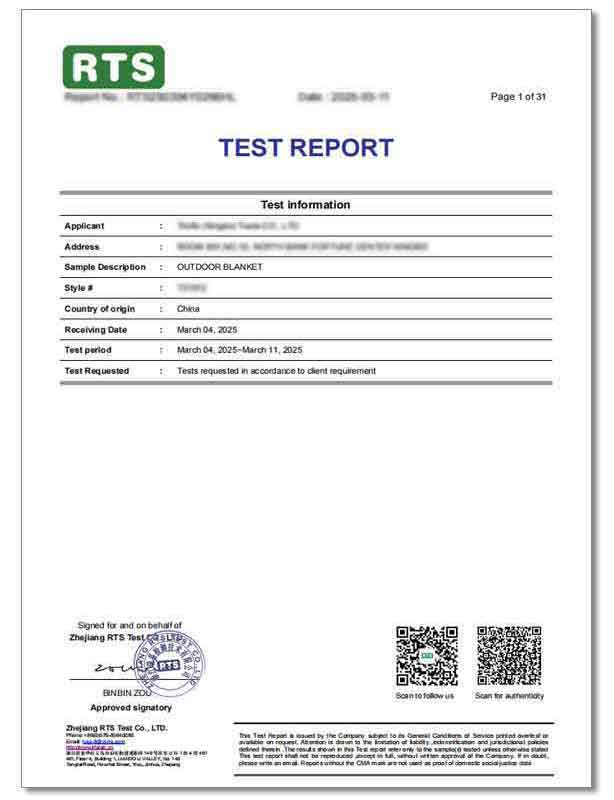 RTS test report for fleece waterproof picnic blanket heavy metal compliance